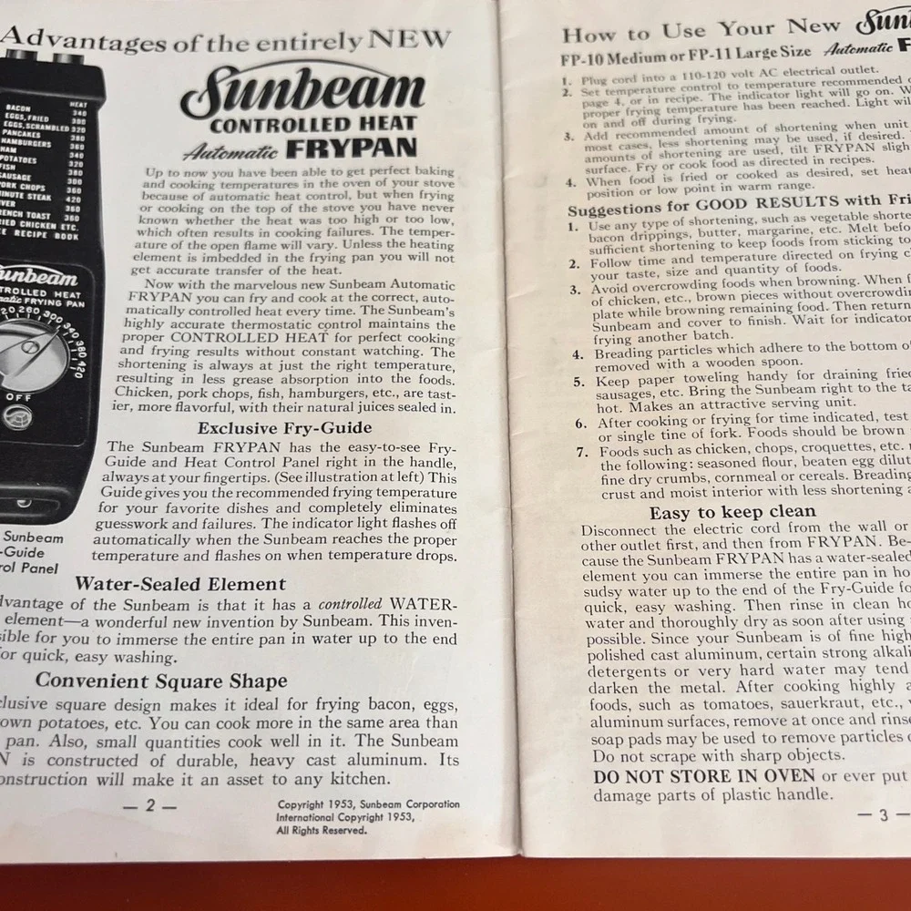 Vintage 1953 Sunbeam Automatic Frypan Recipe Instruction Booklet FP-10 FP-11